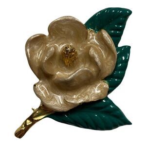 Vintage Magnolia Blossom Enameled Flower Brooch with Gold Tone Made in the USA